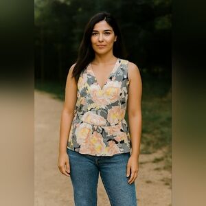 LOFT Gray Pink Butterly Whimsigoth Floral Sleeveless Cottagecore Wrap Top (#819)